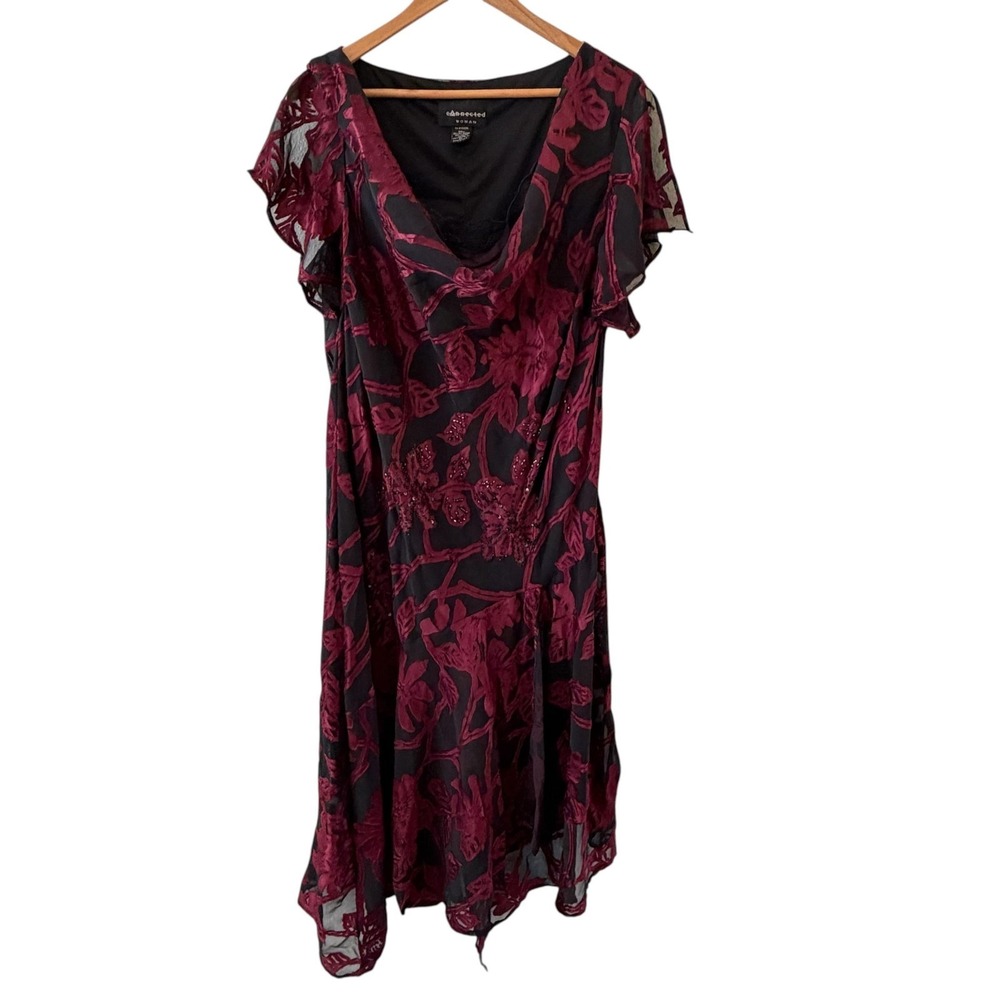 Connected Woman Burnout Velvet Midi Dress 3X Cowl Neck Sequin Asymmetric Fairy